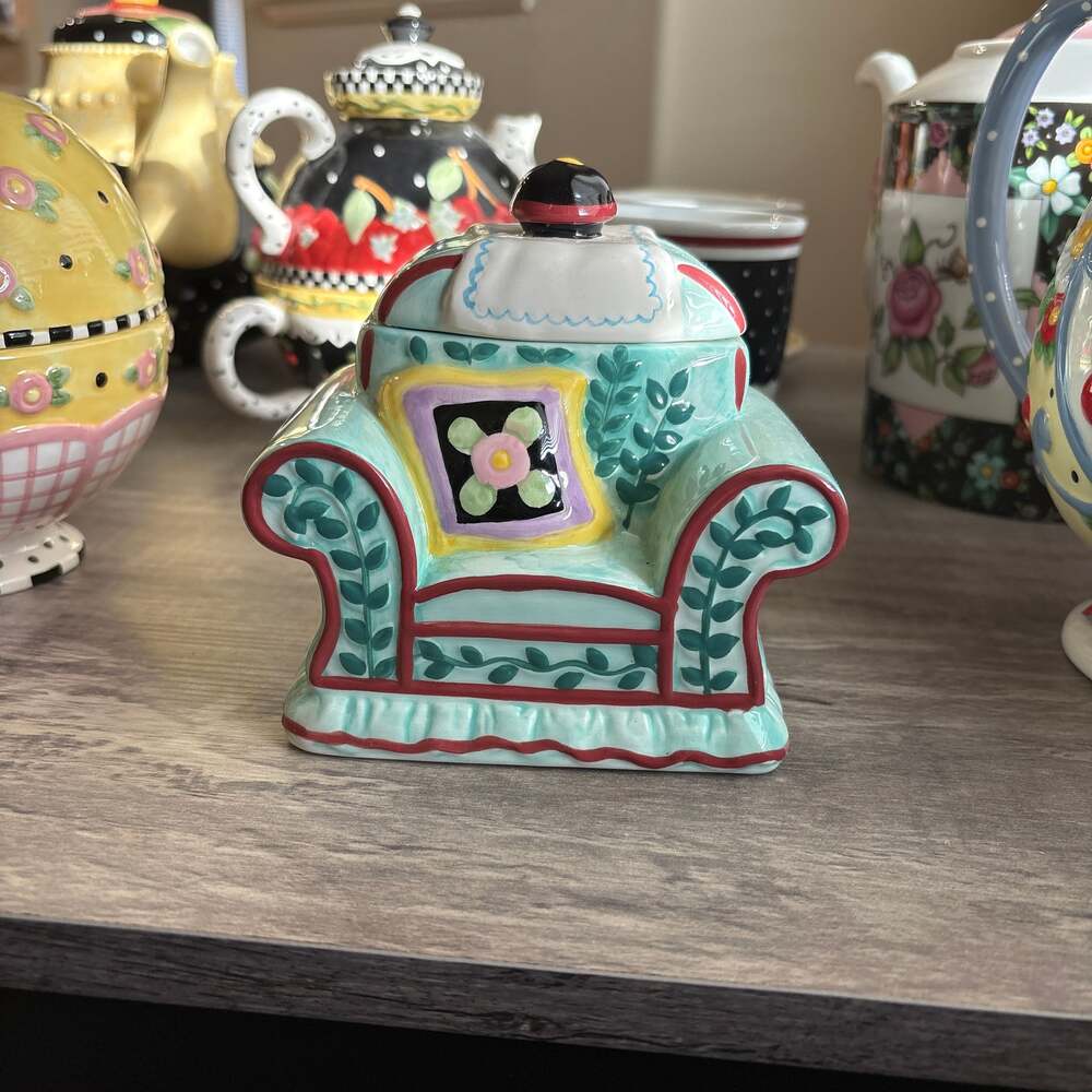 Mary Engelbreit Enesco 2001 Ceramic Chair Covered Sugar Bowl or Trinket Box